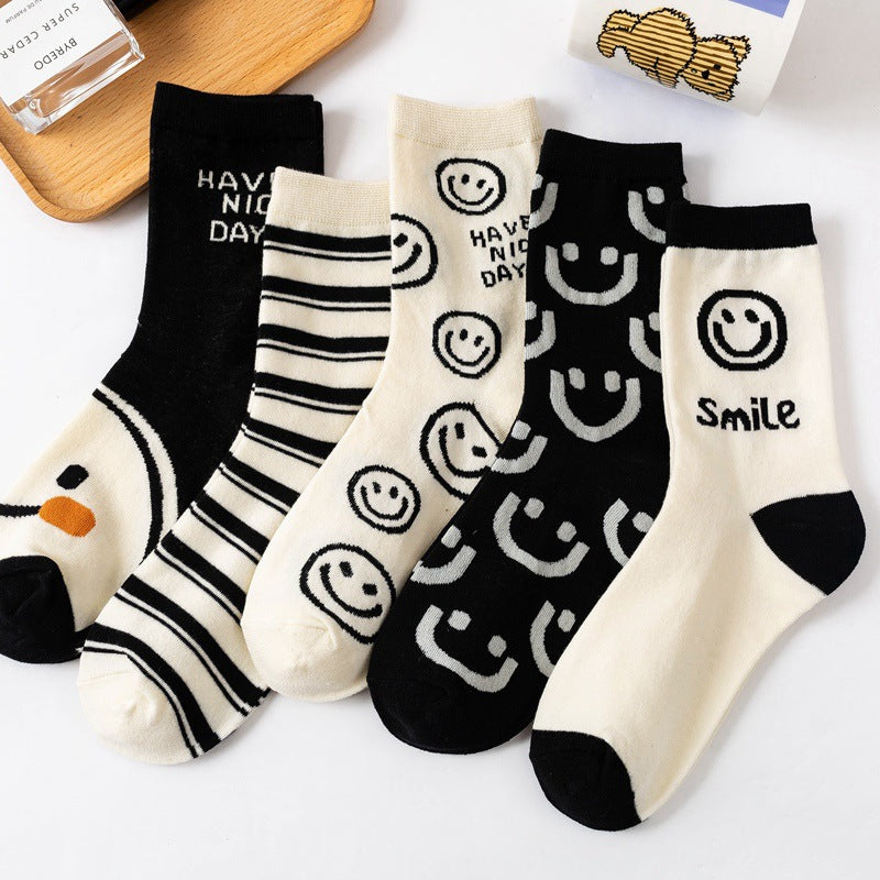 Smiley Face Ribbed Crew Socks
