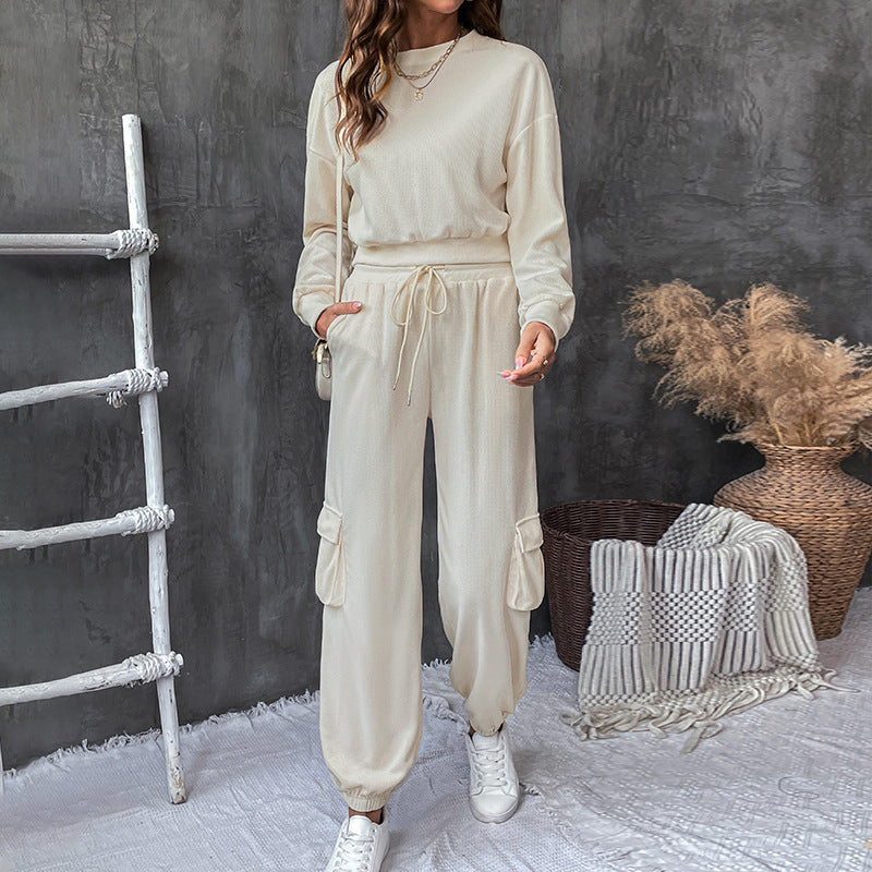 Cargo Pocket Sweatshirt And Joggers Set - Beige - 2
