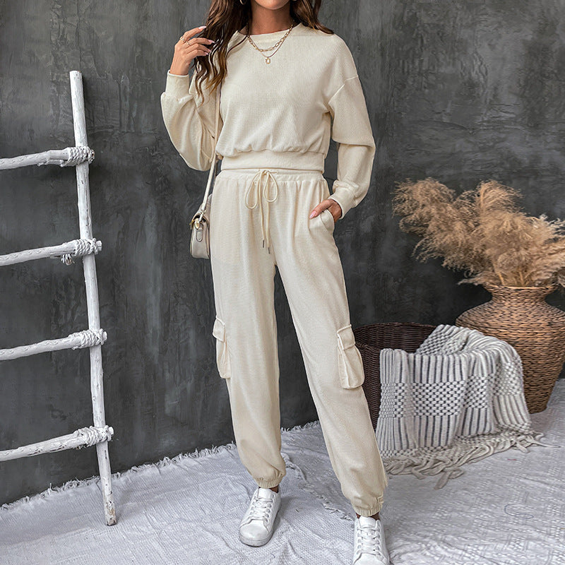 Cargo Pocket Sweatshirt And Joggers Set - Beige - 3