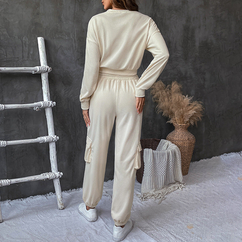 Cargo Pocket Sweatshirt And Joggers Set - Beige - 4