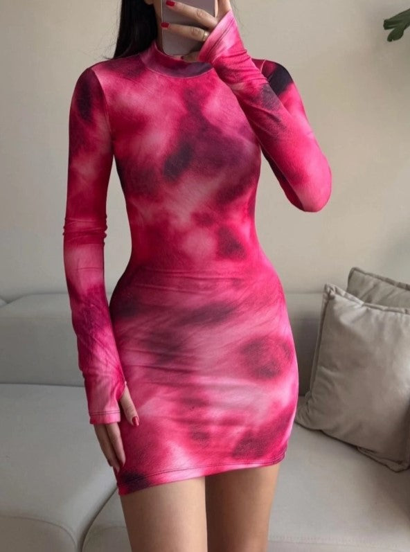 Tie Dye Mock Neck Long Sleeve Mini Dress - Red - 1