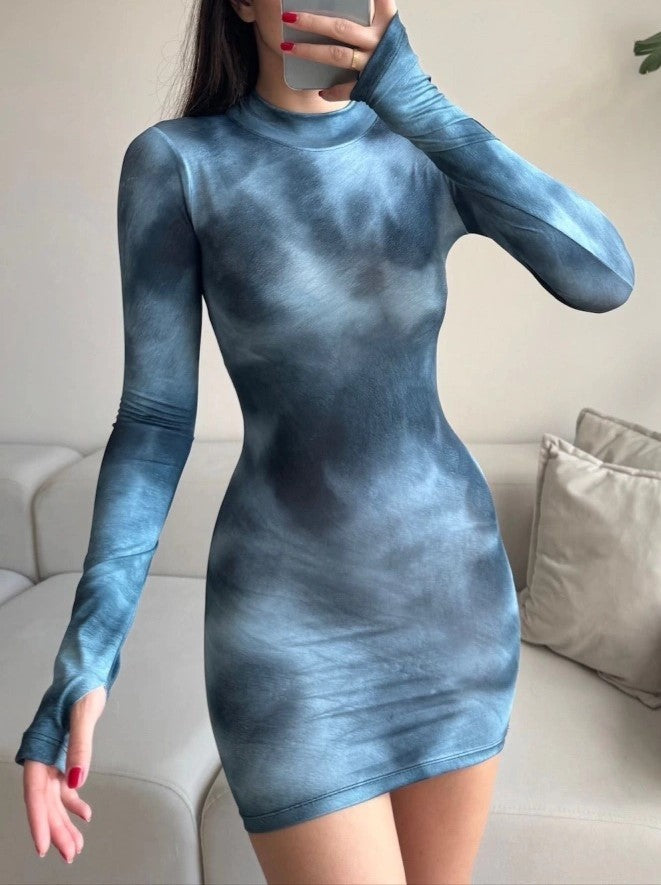 Tie Dye Mock Neck Long Sleeve Mini Dress