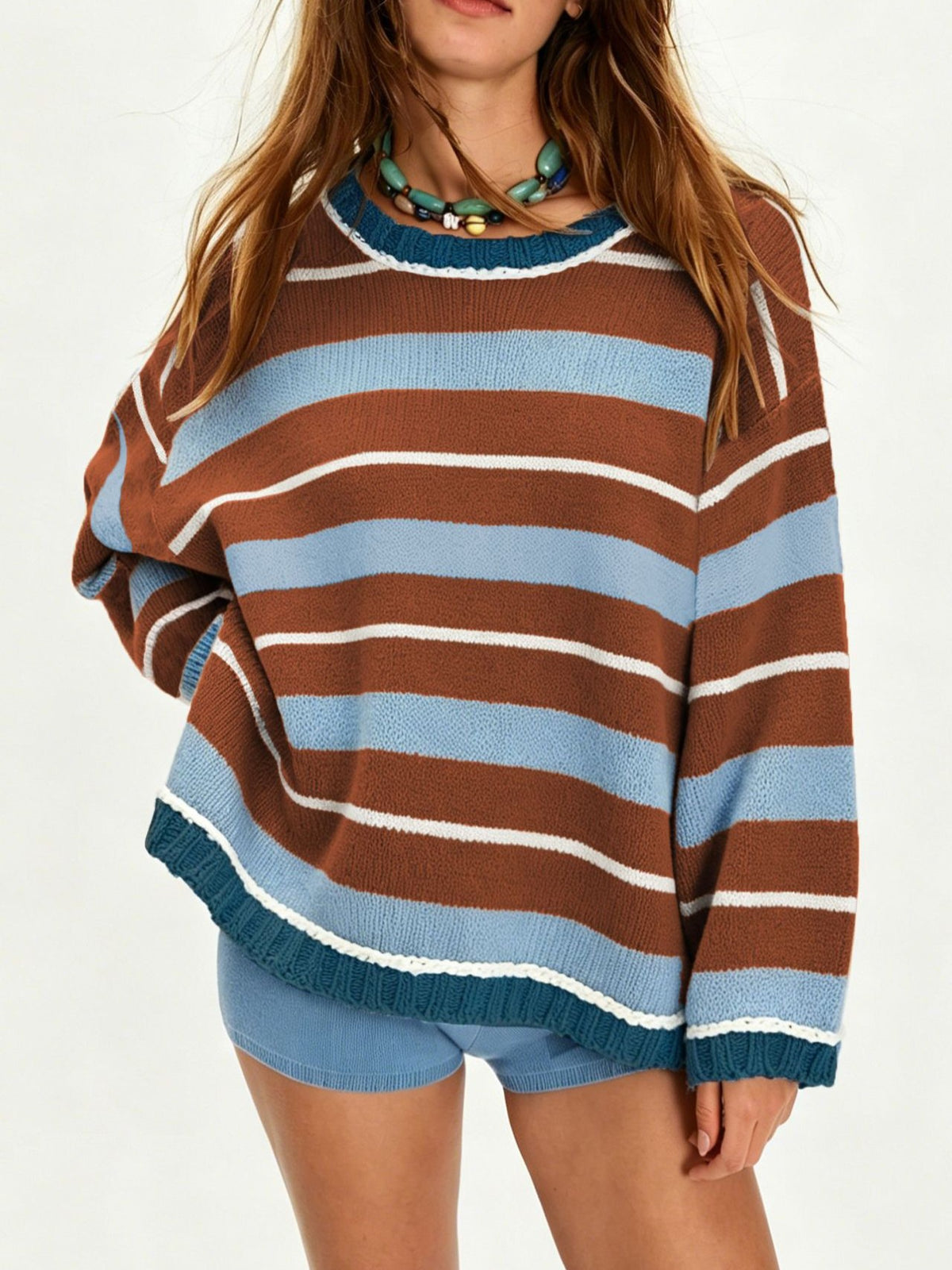 Sunset Stripe Boxy Crew Neck Jumper - Coffee