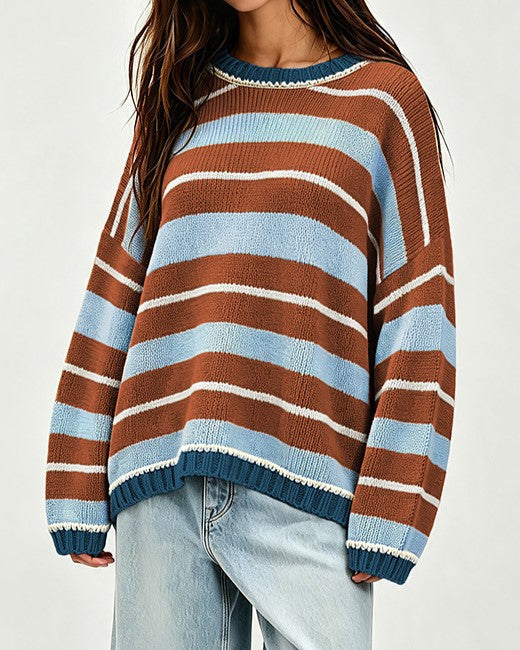 Sunset Stripe Boxy Crew Neck Jumper - Coffee - 1