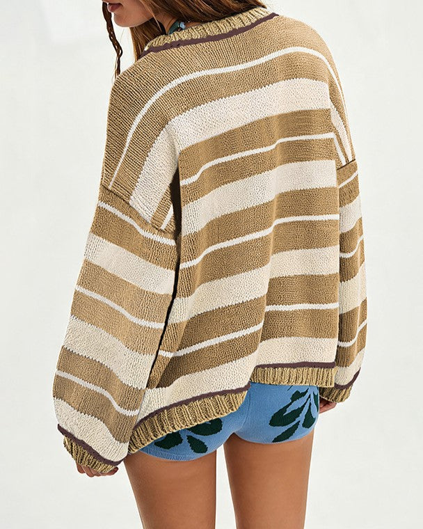 Sunset Stripe Boxy Crew Neck Jumper - Khaki - 1