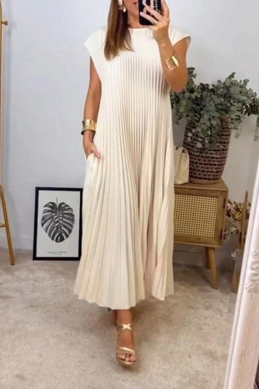 Pleated A Line Cap Sleeve Maxi Dress - Beige
