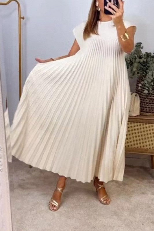 Pleated A Line Cap Sleeve Maxi Dress - Beige - 1