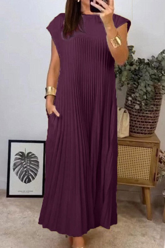 Pleated A Line Cap Sleeve Maxi Dress - berry