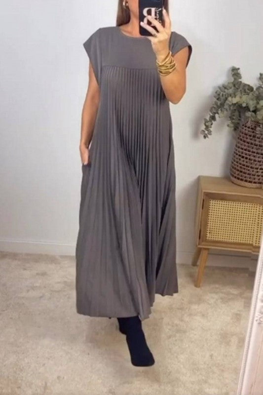 Pleated A Line Cap Sleeve Maxi Dress - grey