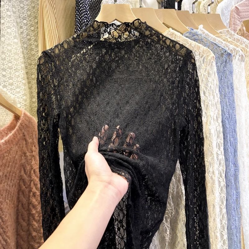Textured Lace Sheer Layering Top - Black