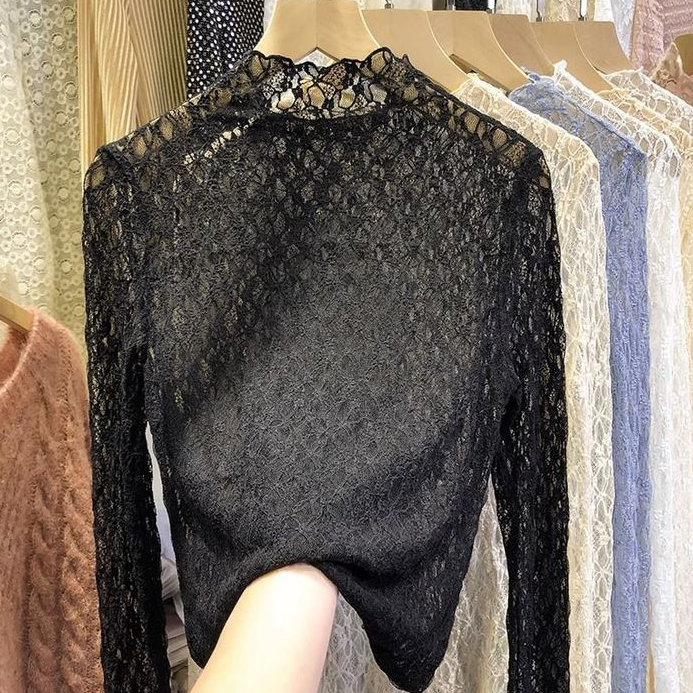 Textured Lace Sheer Layering Top - Black - 1
