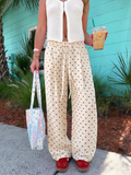 Polka Dot Barrel Leg Linen Blend Pants - White