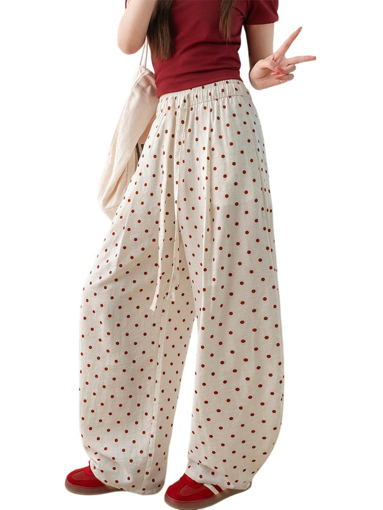 Polka Dot Barrel Leg Linen Blend Pants - White - 3