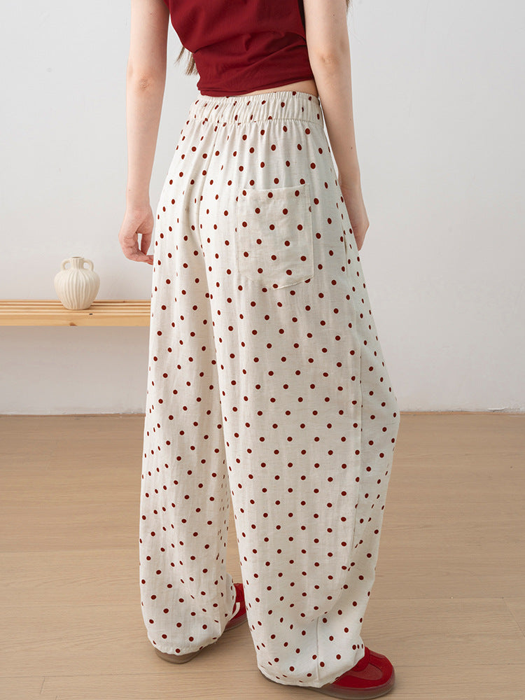 Polka Dot Barrel Leg Linen Blend Pants - White - 5