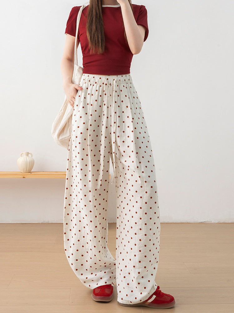 Polka Dot Barrel Leg Linen Blend Pants - White - 6
