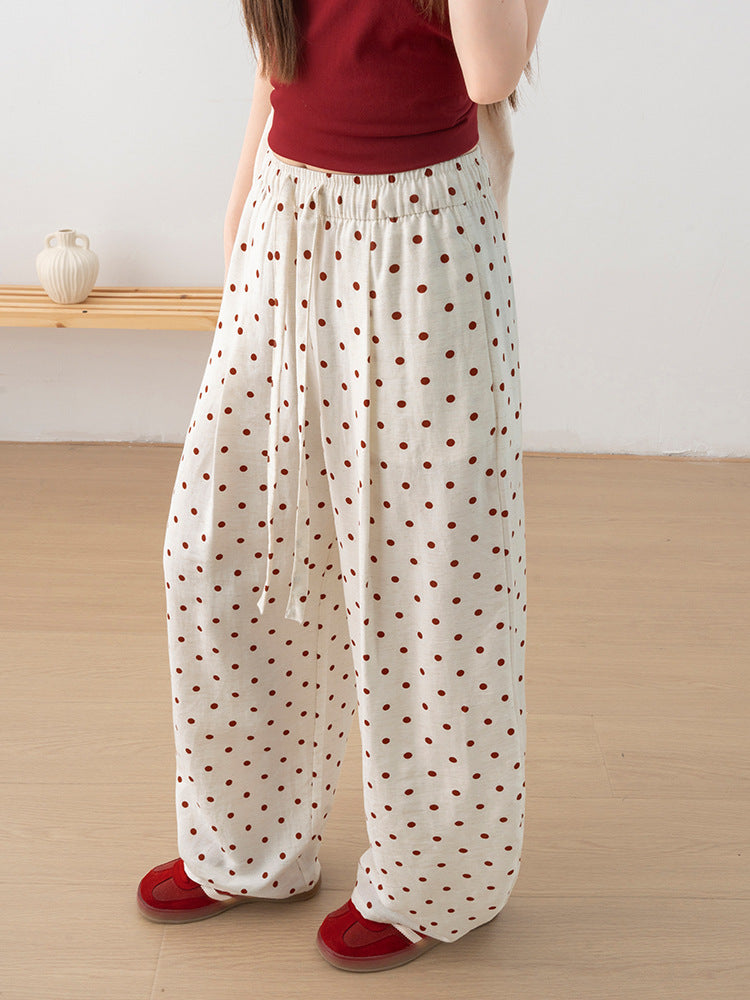 Polka Dot Barrel Leg Linen Blend Pants - White - 7