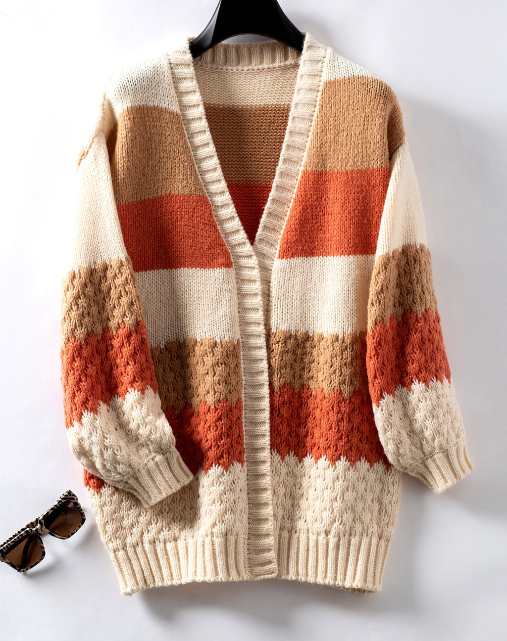 Wide Stripe Textured Knit Open Cardigan - Orange - 1