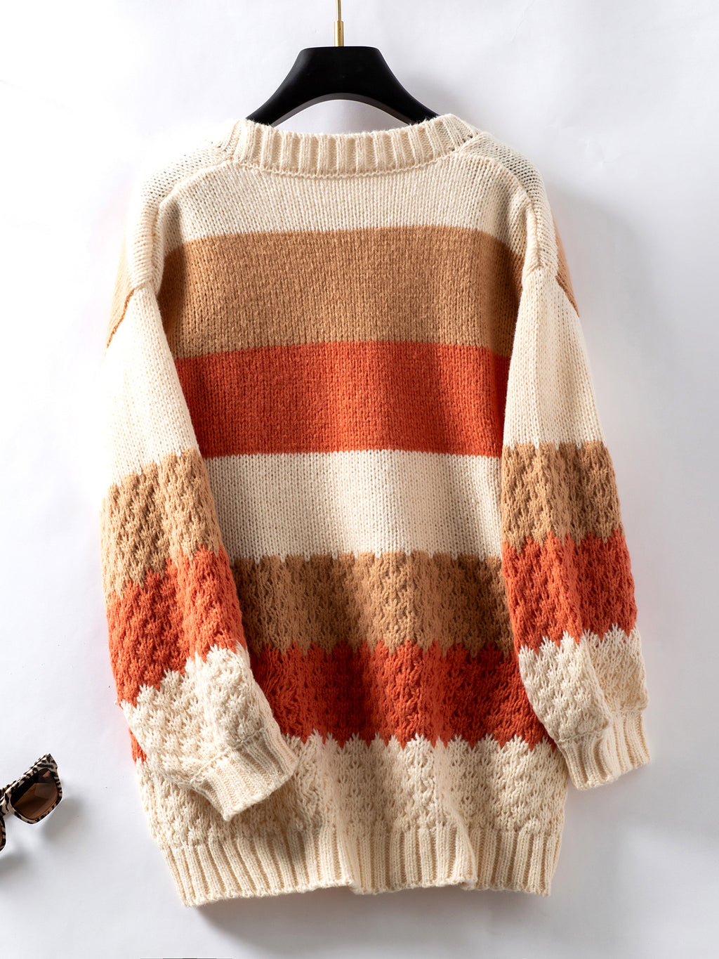 Wide Stripe Textured Knit Open Cardigan - Orange - 2