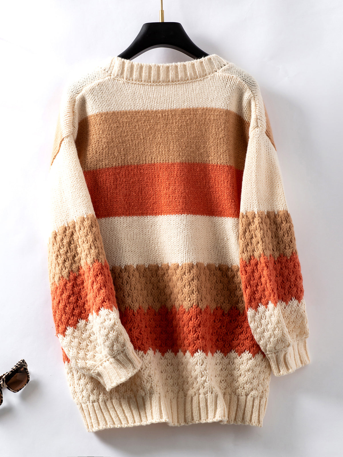 Wide Stripe Textured Knit Open Cardigan - Orange - 2