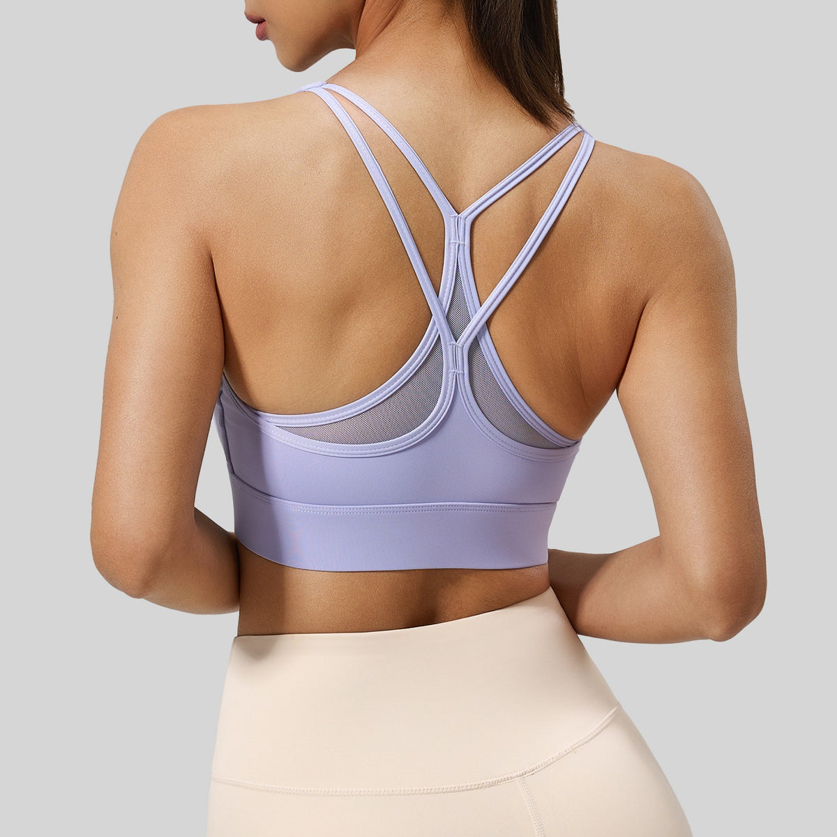 Strappy Mesh Cross Back Padded Yoga Sports Bra - Periwinkle