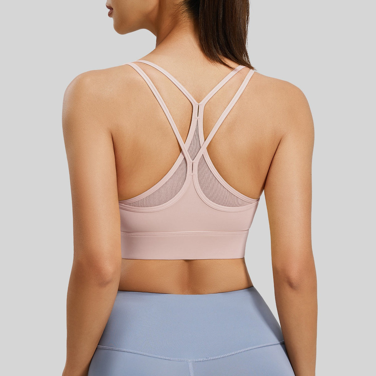 Strappy Mesh Cross Back Padded Yoga Sports Bra - Shell Pink