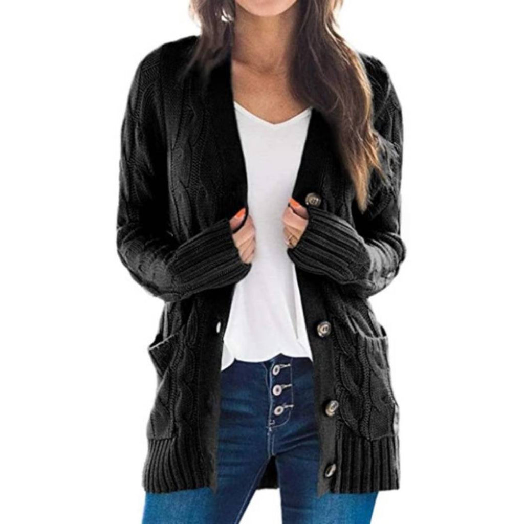 Chunky Cable Knit Button Cardigan - Black