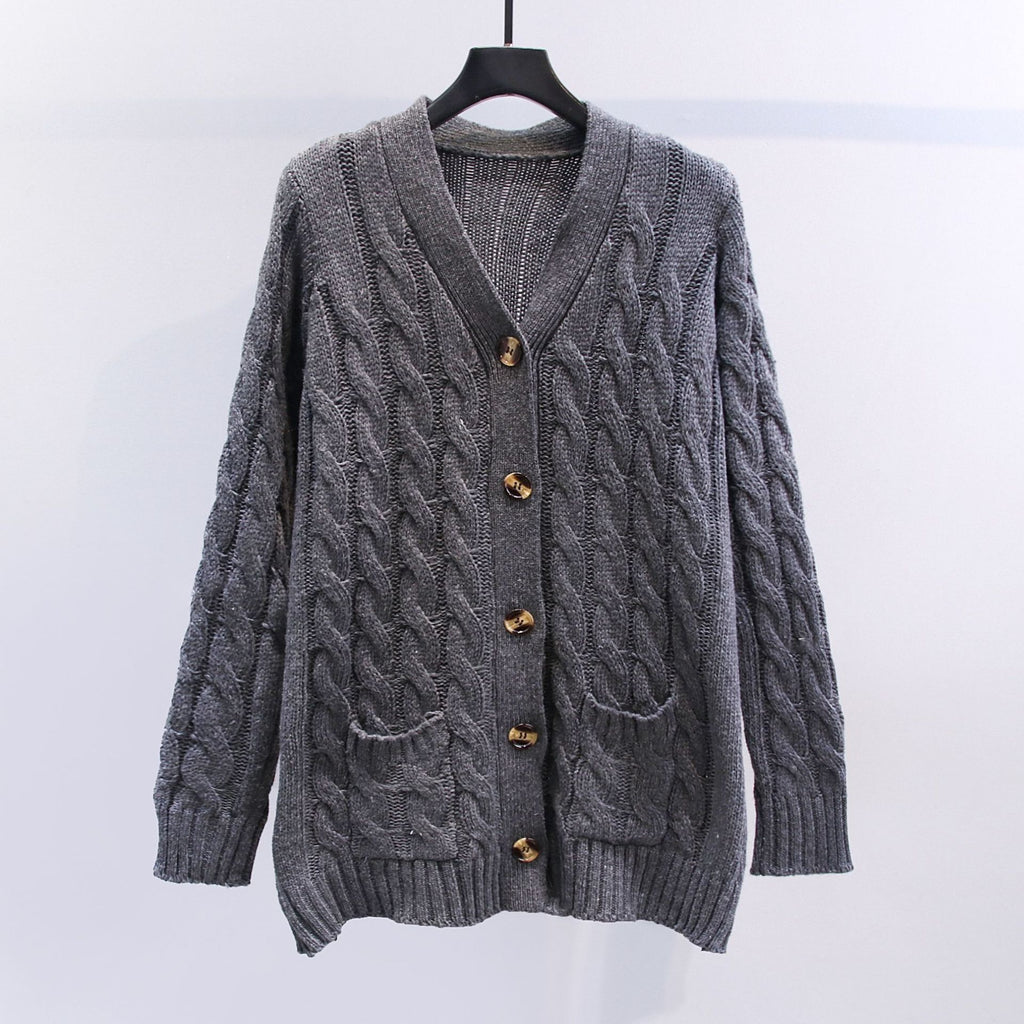 Chunky Cable Knit Button Cardigan - DarkGray
