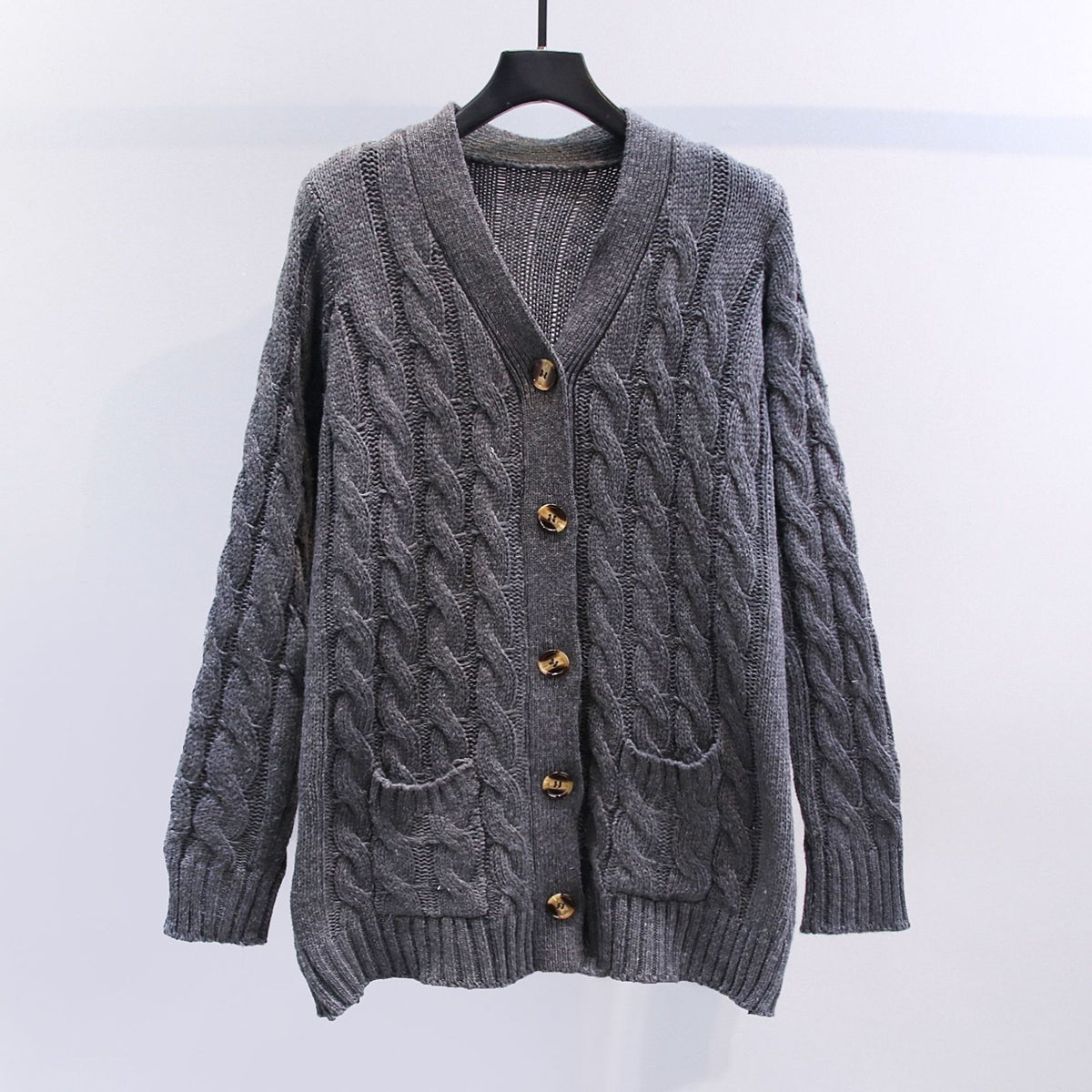 Chunky Cable Knit Button Cardigan - DarkGray