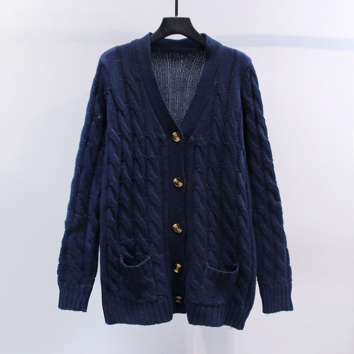 Chunky Cable Knit Button Cardigan - NavyBlue
