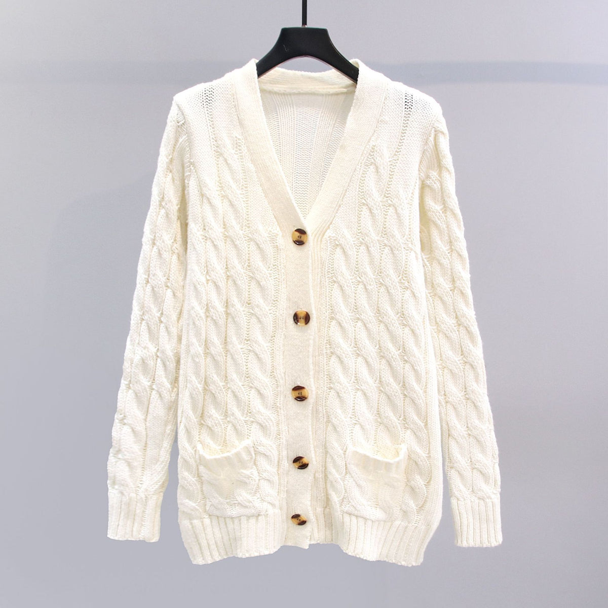 Chunky Cable Knit Button Cardigan - White