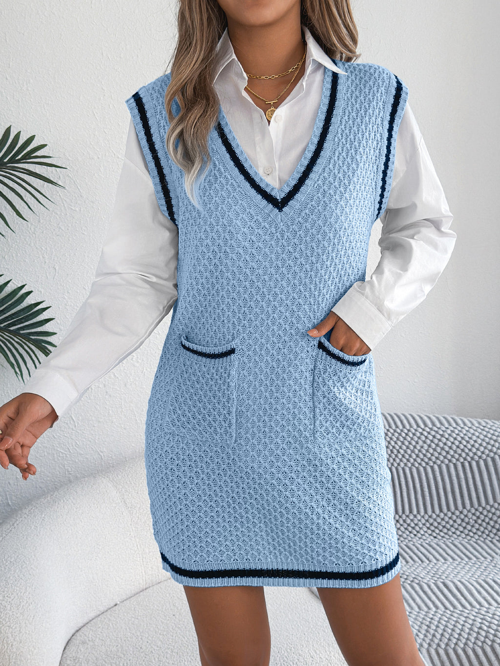 Contrast Trim Knit Pinafore Mini Dress - Blue - 2
