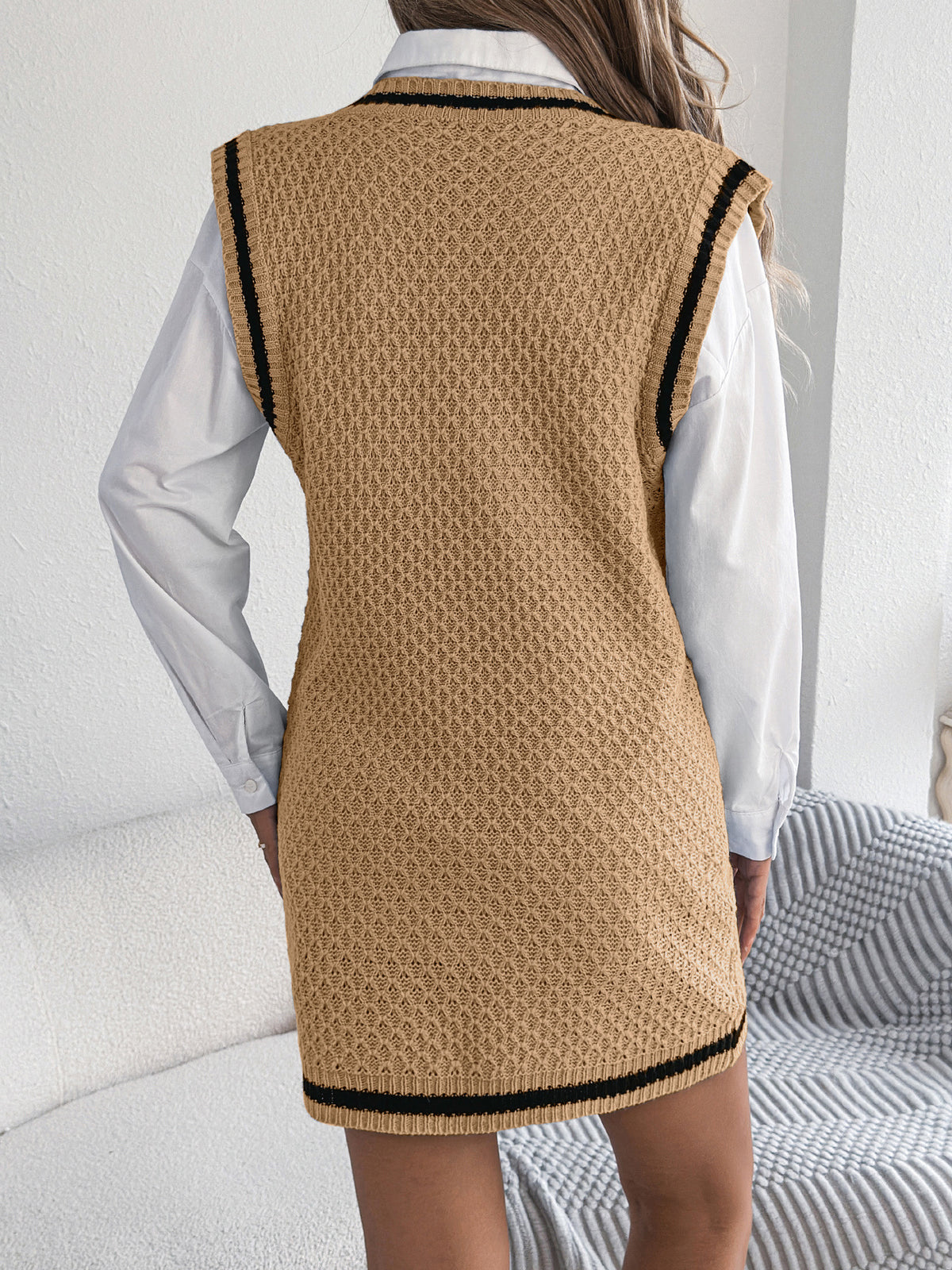 Contrast Trim Knit Pinafore Mini Dress - Khaki - 1
