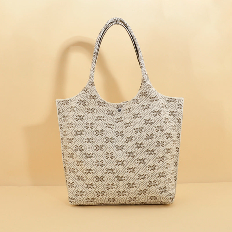 Boho Jacquard Knit Shoulder Tote Bag - Beige