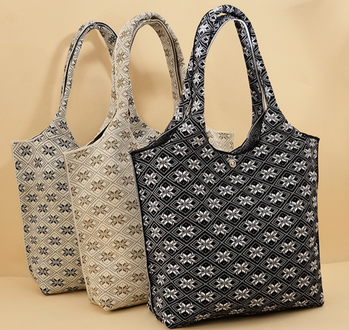 Boho Jacquard Knit Shoulder Tote Bag - Black