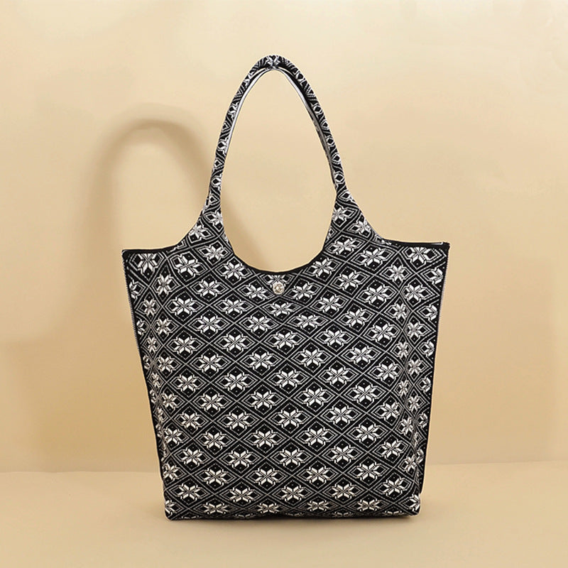Boho Jacquard Knit Shoulder Tote Bag - Black - 1