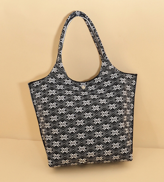 Boho Jacquard Knit Shoulder Tote Bag - Black - 2