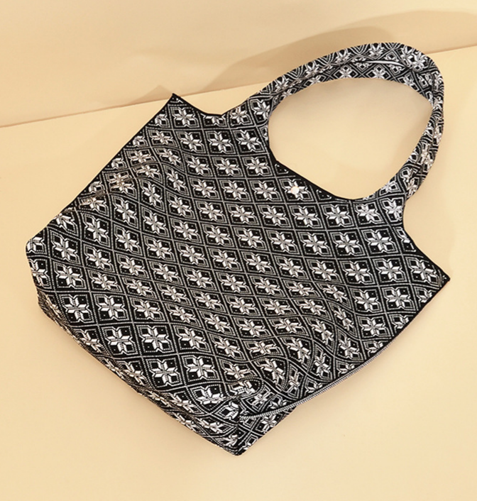 Boho Jacquard Knit Shoulder Tote Bag - Black - 3