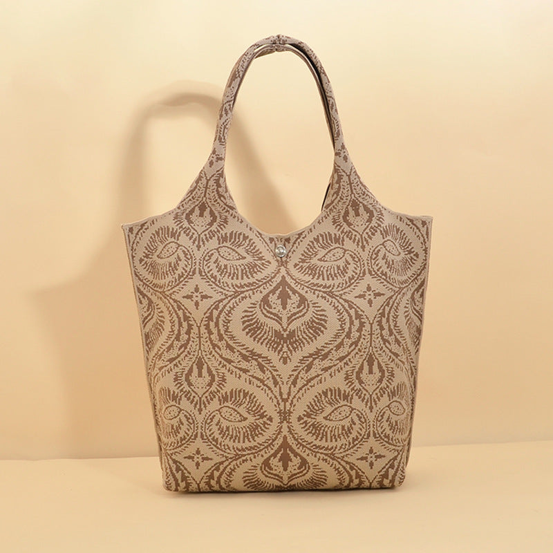 Boho Jacquard Knit Shoulder Tote Bag - Coffee