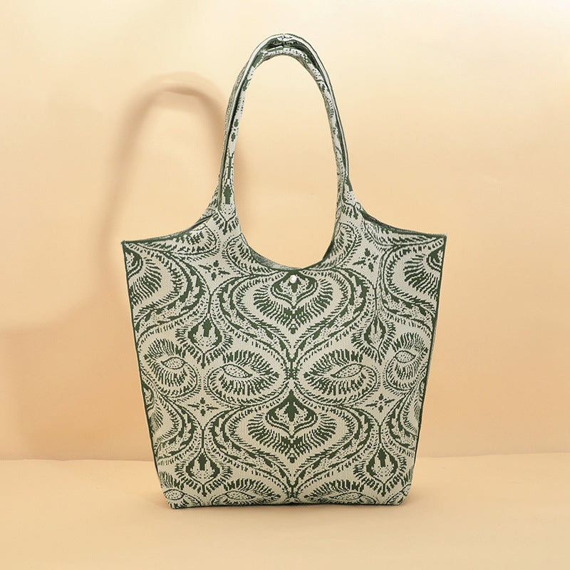Boho Jacquard Knit Shoulder Tote Bag - Green