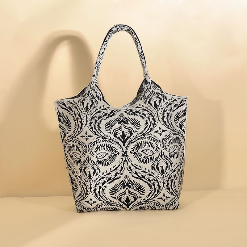 Boho Jacquard Knit Shoulder Tote Bag - WBlack