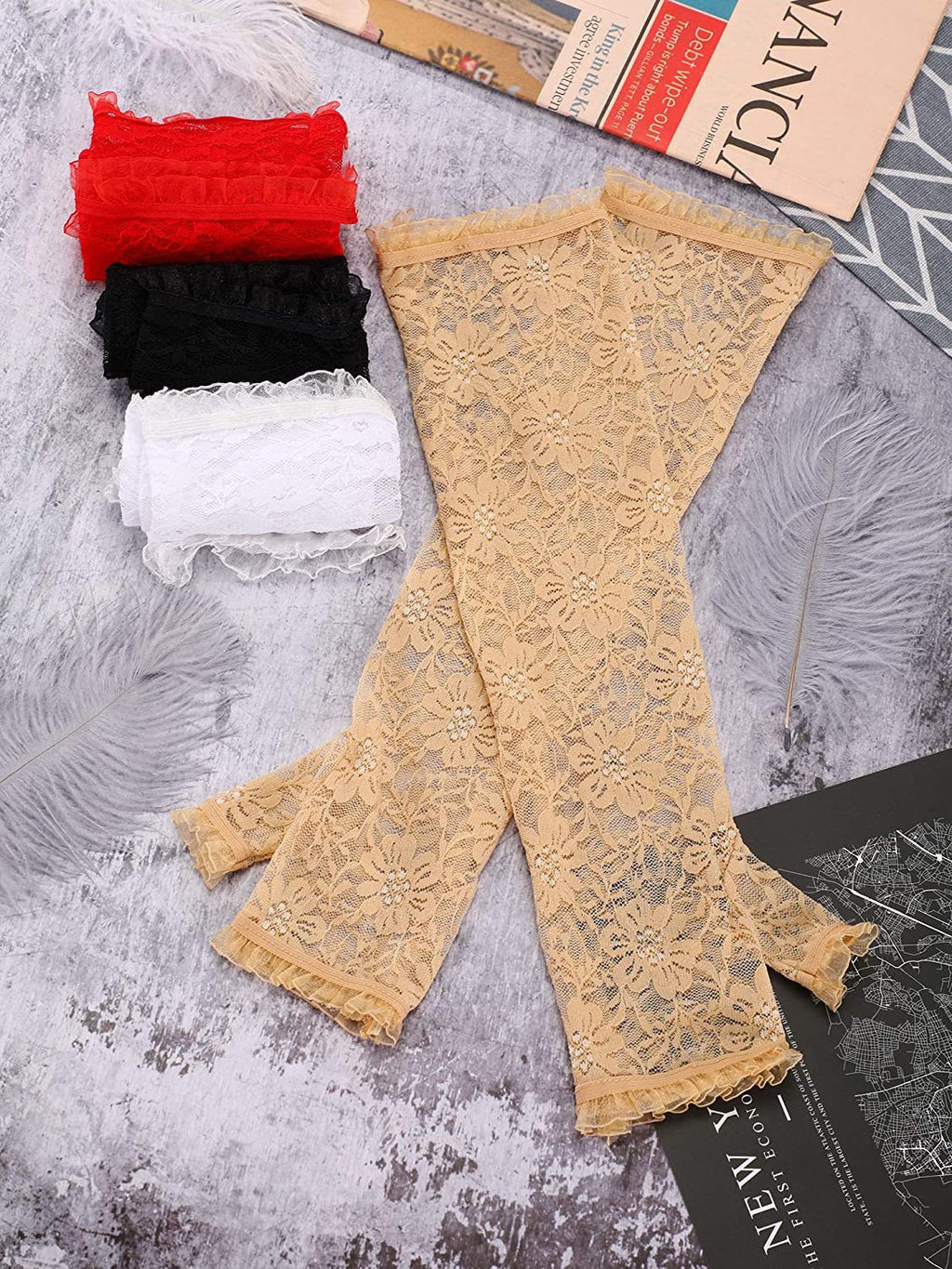 Floral Lace Fingerless Arm Gloves - Beige