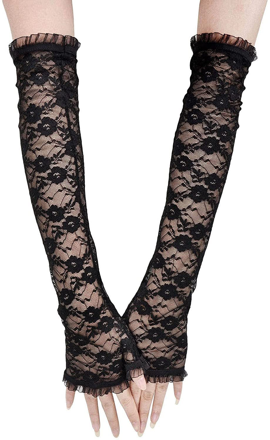 Floral Lace Fingerless Arm Gloves - Black - 1