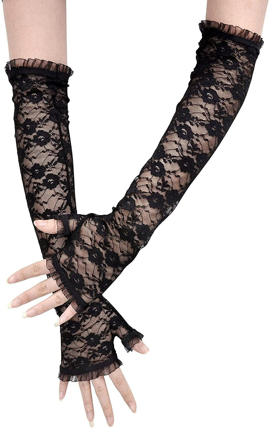 Floral Lace Fingerless Arm Gloves - Black - 2