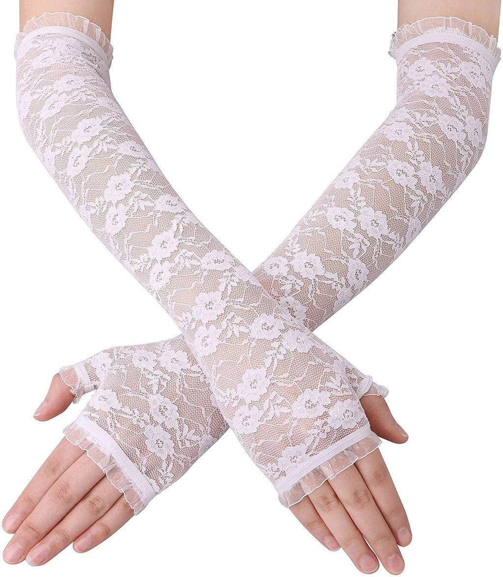 Floral Lace Fingerless Arm Gloves - White