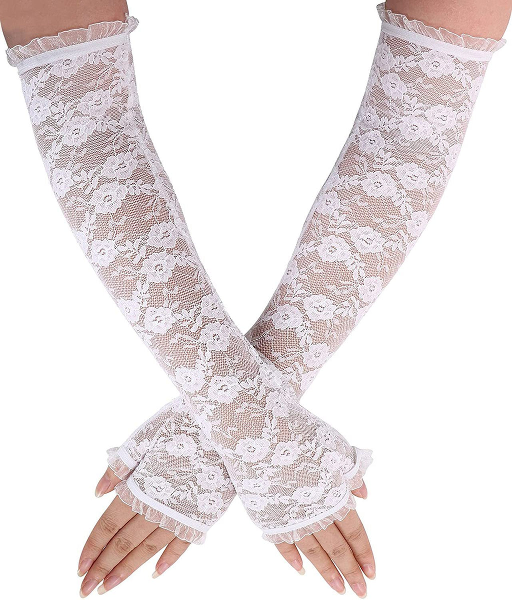 Floral Lace Fingerless Arm Gloves - White - 1