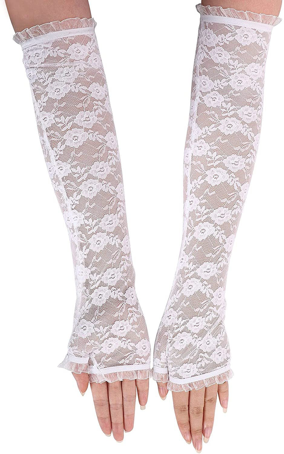 Floral Lace Fingerless Arm Gloves - White - 2