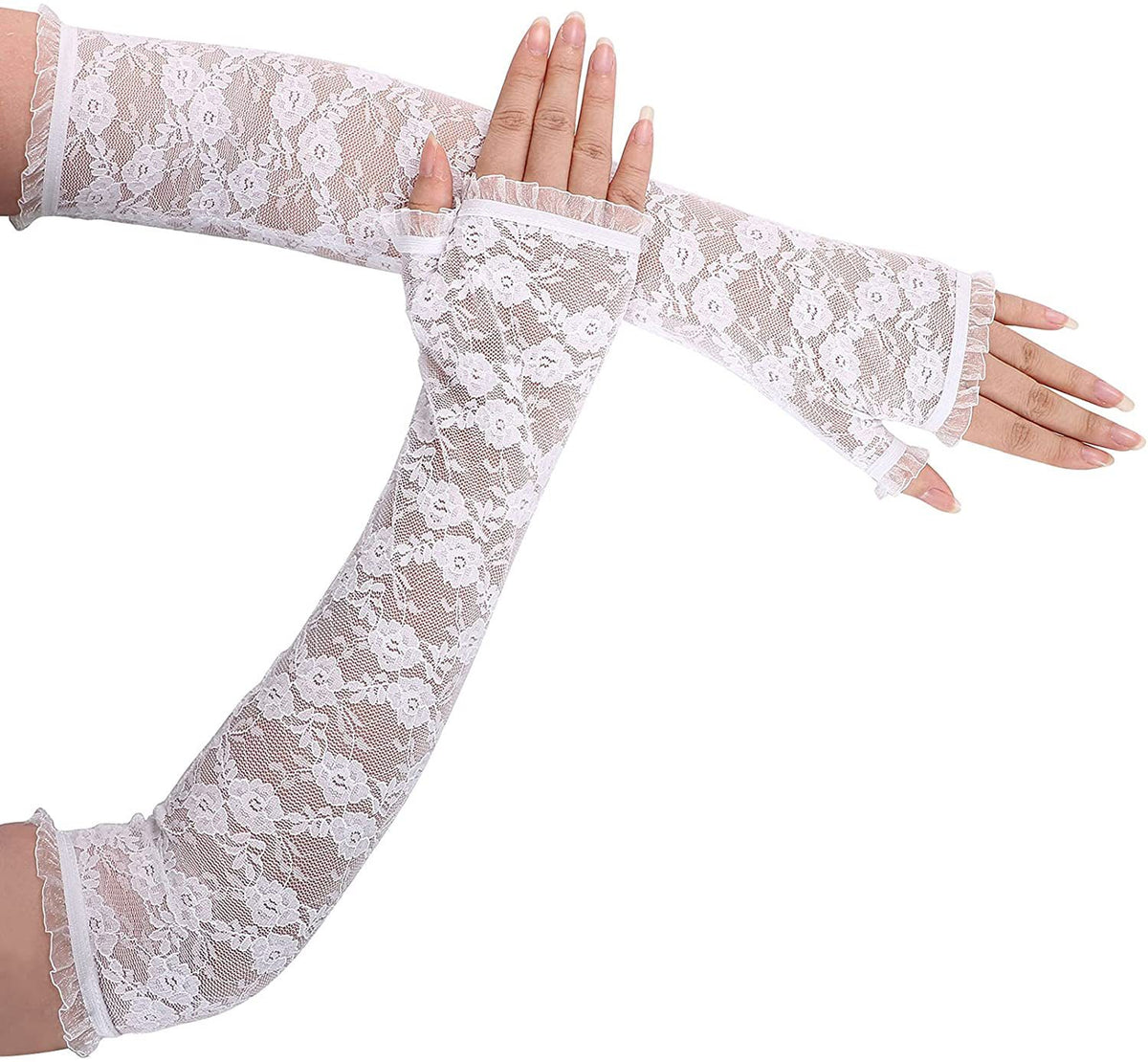 Floral Lace Fingerless Arm Gloves - White - 3
