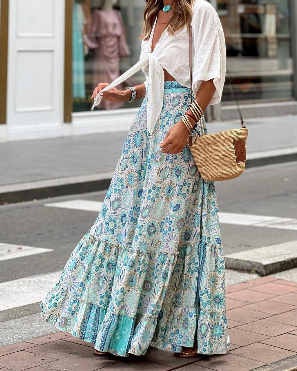Boho Print Full Sweep Ruffle Maxi Skirt - Blue - 1