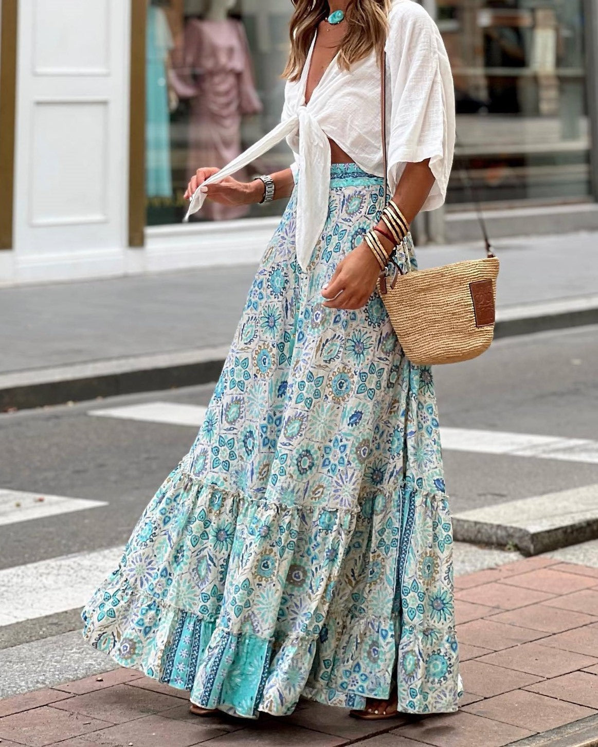 Boho Print Full Sweep Ruffle Maxi Skirt - Blue - 1