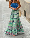 Boho Print Full Sweep Ruffle Maxi Skirt - Green